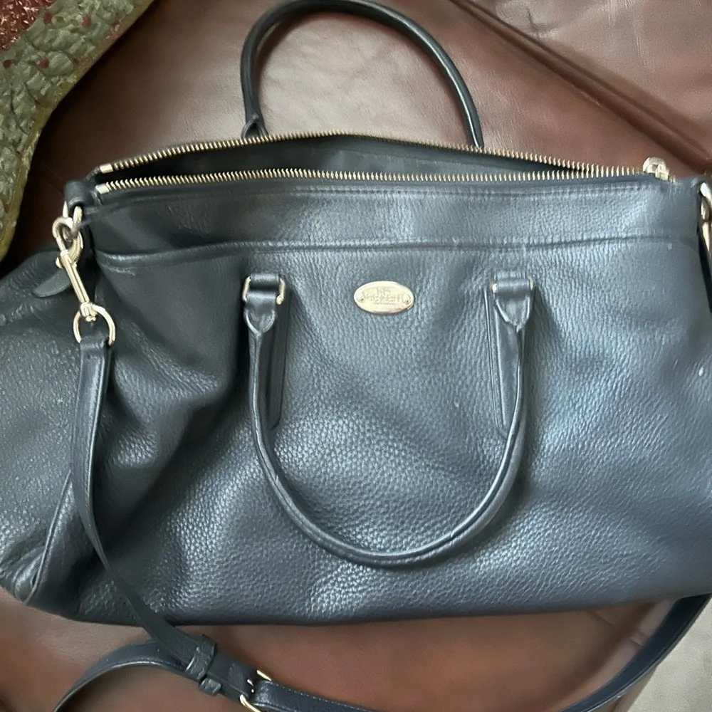 Coach Black Pebbled Leather double strap Satchel Handbag Purse Black